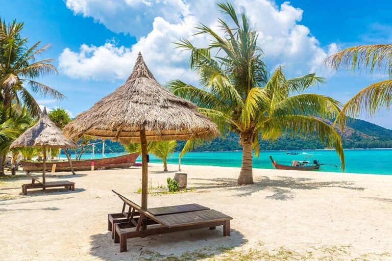 9月の海外旅行におすすめのバリ島で、ヤシの木と青い海が広がる乾季のビーチリゾート風景