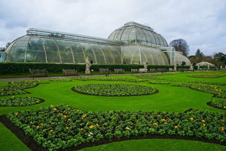 広大な庭園とヴィクトリア様式の温室が美しいキュー王立植物園の風景