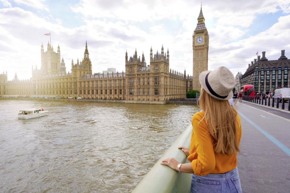 イギリス・ロンドンのウェストミンスター橋からビッグベンと国会議事堂を眺める女性