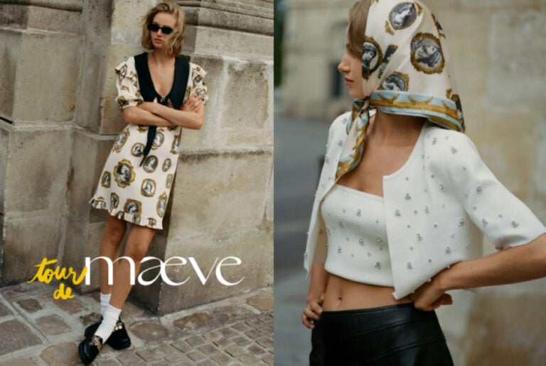AnthropologieのMaeveコレクション、パリの街角でのドレスとスカーフスタイル