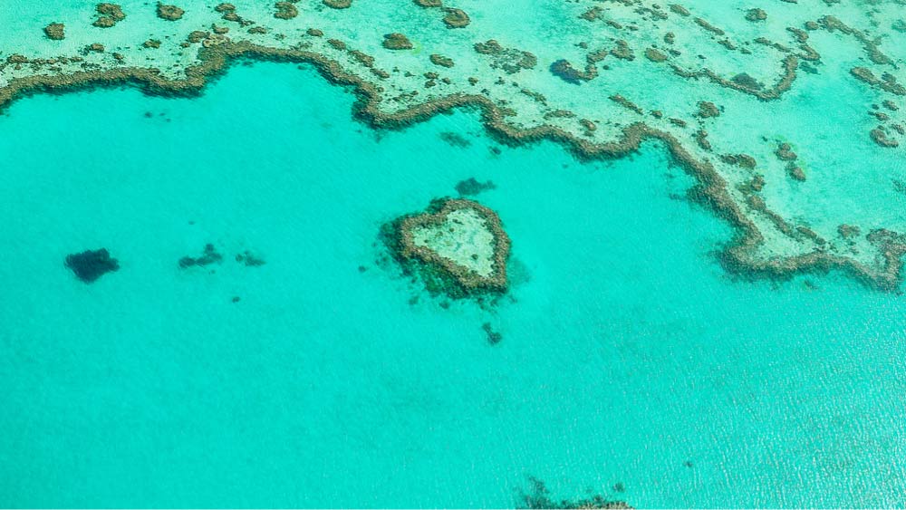 ターコイズブルーの海に浮かぶハート型のサンゴ礁「ハートリーフ」。グレートバリアリーフ観光で人気の絶景スポット