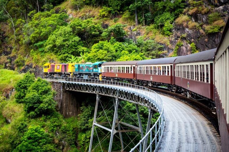 熱帯雨林の山岳地帯を走るキュランダ観光鉄道と緑豊かな風景