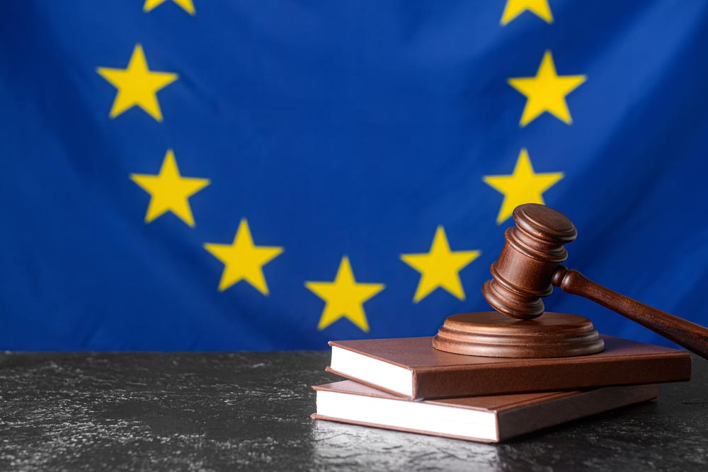 EU旗を背景に置かれた木製のハンマーと法律書