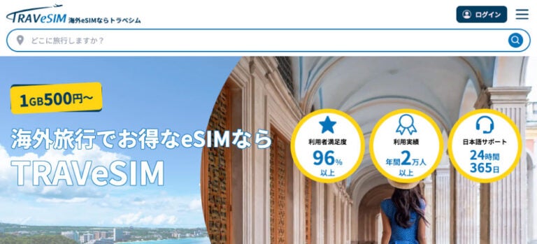 TRAVeSIMのトップページ画面。