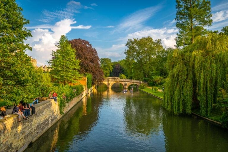 ケンブリッジ名物のケム川パンティングを楽しむ人々を写した写真。緑に囲まれた川辺と歴史ある石橋が、美しい水上散策の風景を演出している。