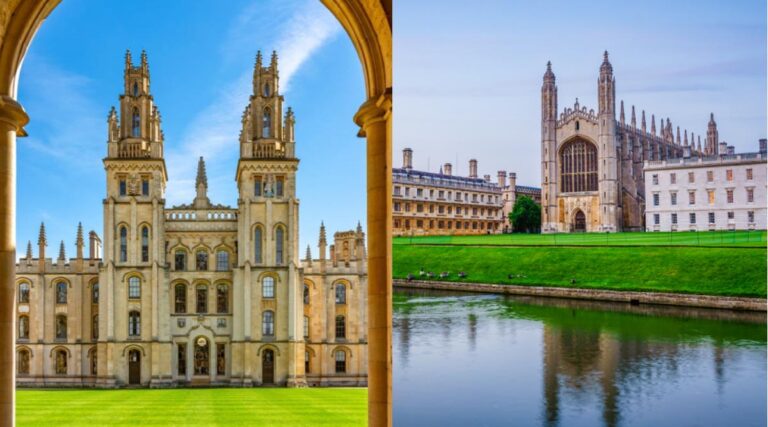 イギリスの名門大学、左はオックスフォード大学の歴史的建物、右はケンブリッジ大学キングス・カレッジ礼拝堂。英国を代表する伝統的な大学建築の対比。