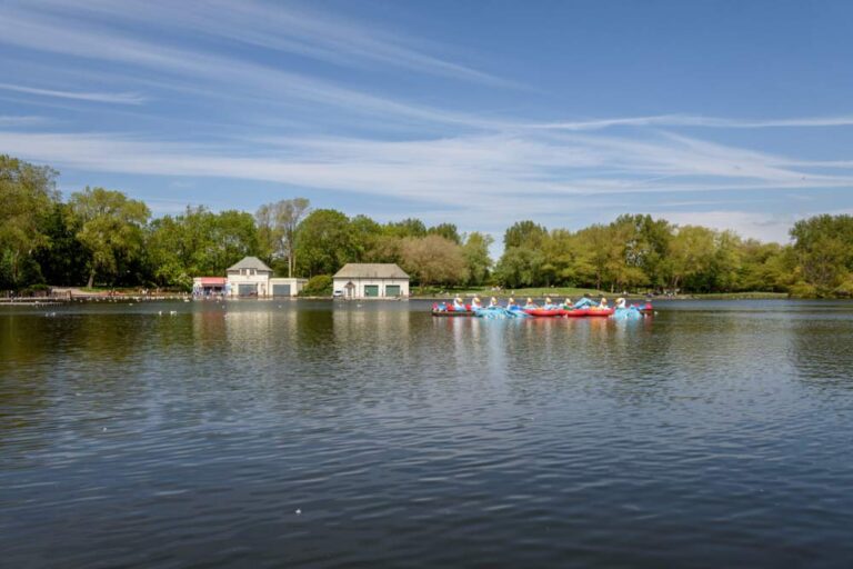 リバプールのセフトン・パークの湖で白鳥型のペダルボートを楽しむ人々。青空と緑に囲まれた穏やかな風景が湖の周りを囲む。