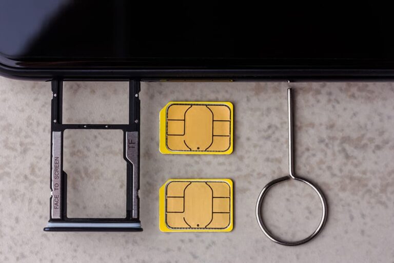 スマートフォン本体から引き出したSIMトレイと、入れ替え用の物理SIMカードおよびSIMピン