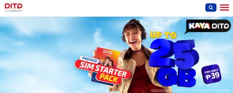 DITO Telecommunity公式サイトのトップページ。赤を基調に女性がSIMスターターパックを持ち、楽しそうに笑う様子。