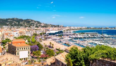 カンヌ旧市街の高台から望む街並みとヨットが並ぶ港、映画祭の会場パレ・デ・フェスティバルも見える全景