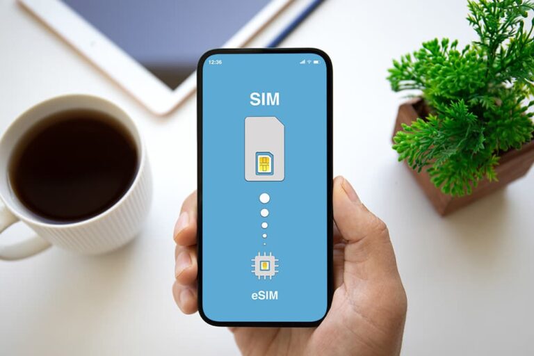 スマートフォンの画面で物理SIMからeSIMへ切り替わる仕組みを示し、手に持って確認する様子