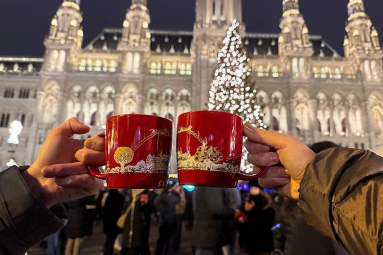 ライトアップされたウィーン市庁舎とツリーを背景に、赤いマグカップで乾杯してヨーロッパのクリスマスマーケットを楽しむ様子