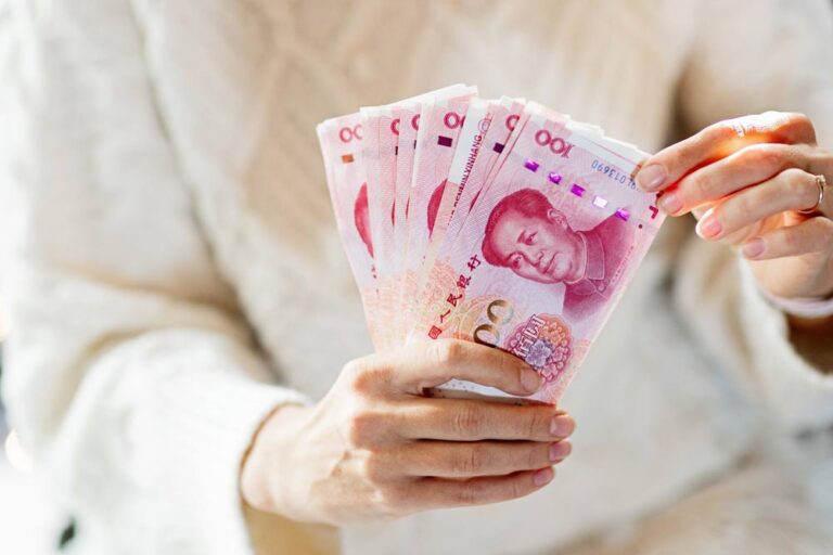 100元札を手にする様子を写した写真