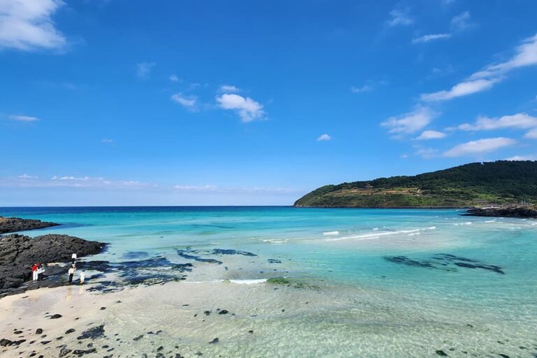 チェジュ島の透明度の高いエメラルドグリーンの海と火山岩のビーチ