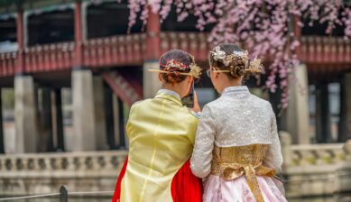 桜の下で韓服を着た2人の女性が韓国の宮殿を観光している様子