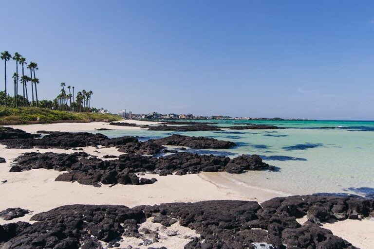 夏のチェジュ島のエメラルドグリーンの海と火山岩が広がるビーチ