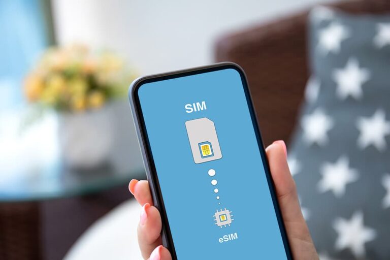 スマートフォンの画面で物理SIMからeSIMへ切り替わる仕組みを表示し、手に持って確認する様子