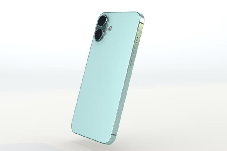 淡いブルーのiPhoneを背面から見た様子。iPhoneのeSIM対応機種一覧を示すビジュアル