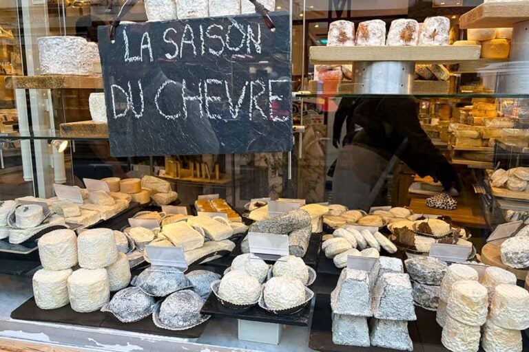 フランスでお土産探しに訪れたい、日本では珍しいヤギのチーズが並ぶ現地の専門店のショーウインドウ