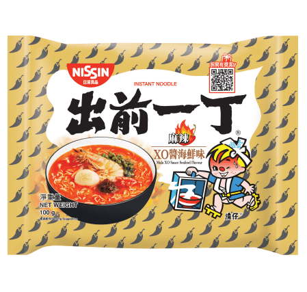 香港土産として人気の高い、日清食品「出前一丁」の日本未発売フレーバー「麻辣XO醬海鮮味」のパッケージ