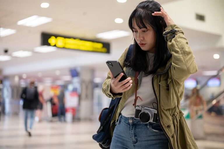街中でスマートフォンのエラー画面を困った表情で確認する女性のイメージ
