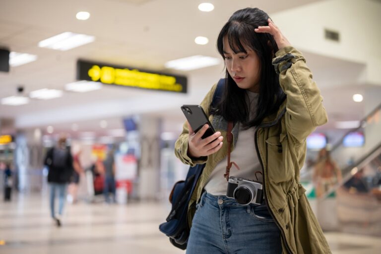 空港でiPhoneのPDP認証エラーに困惑する女性旅行者のイメージ