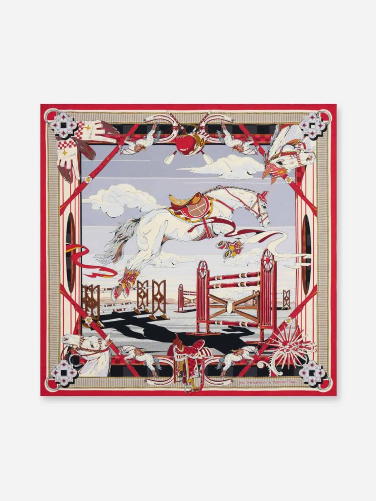 ジム・トンプソン（Jim Thompson）のシルクスカーフ。馬の跳躍が描かれた華やかなデザイン。