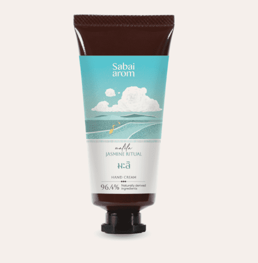  サバイアロム（Sabai-arom）のジャスミンハンドクリーム（JASMINE RITUAL）。水色と茶色のパッケージ。