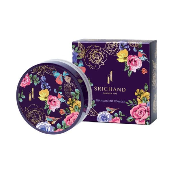 シーチャン（Srichand）のトランスルーセントパウダー。紫色の花と鳥が描かれたパッケージ。