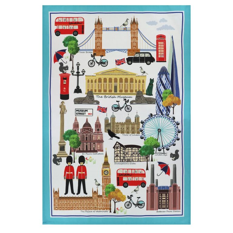ロンドンの主要な国立博物館などで販売されている限定ティータオル。大英博物館やロンドン・アイなど、市内の名所がポップに描かれた、お土産に最適なキッチン雑貨。