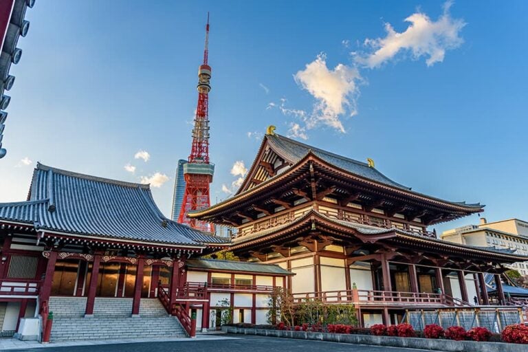 東京タワーと増上寺の風景。ニューヨークと東京の治安を比較する際のイメージ