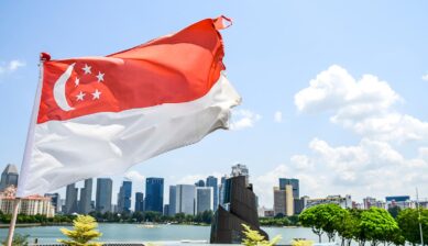 青空のもとマリーナベイのスカイラインを背景にはためくシンガポール国旗