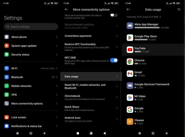 Androidの設定画面からデータ使用量を開き、YouTubeの通信量(37.6MB)を確認する手順を示したスクリーンショット