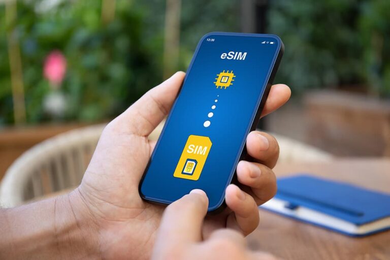 eSIMと物理SIMのアイコンが表示されたスマートフォンを手に持つ様子