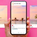 旅行先の写真がインスタグラムのフィードに並ぶスマホ画面と、ピンク背景に浮かぶ投稿イメージ