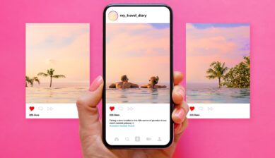 旅行先の写真がインスタグラムのフィードに並ぶスマホ画面と、ピンク背景に浮かぶ投稿イメージ