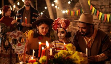 死者の日の夜に祭壇のろうそくを灯すメキシコの家族とフェイスペイントをした子ども