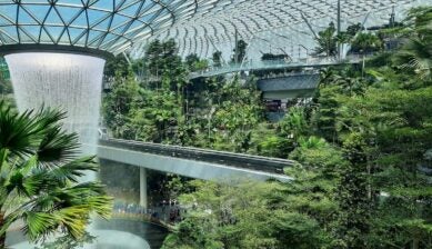 シンガポール・チャンギ空港のジュエル内にある巨大な屋内滝「レイン・ヴォルテックス」と、緑豊かな屋内庭園を貫くモノレールの様子
