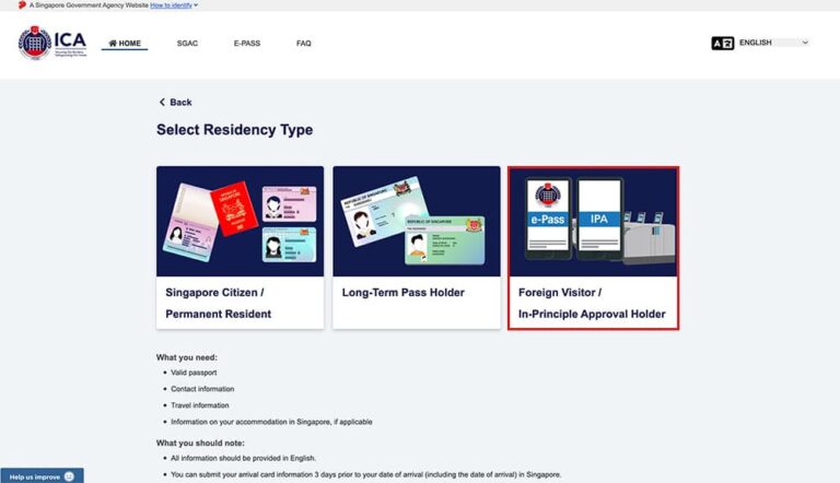 シンガポールICA公式サイトの居住区分選択画面。右端の「Foreign Visitor / In-Principle Approval Holder」が赤枠で強調されている