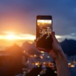 ブラジル・リオデジャネイロの夕焼けをスマートフォンで撮影する様子