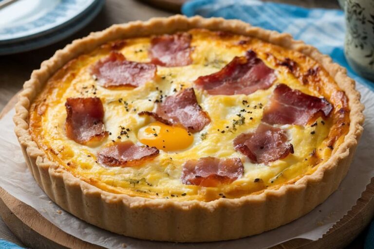 ヨーロッパの代表的な食べ物であるフランスの郷土料理「キッシュ・ロレーヌ」。こんがりと焼き上がったタルト生地に、たっぷりのベーコンと卵が乗った焼き立てのホールキッシュが、木製ボードの上に置かれている様子
