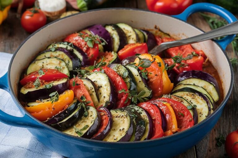 ヨーロッパの代表的な食べ物であるフランス・プロヴァンス地方の郷土料理「ラタトゥイユ」。ナス、ズッキーニ、トマトなどの彩り豊かな野菜がスライスされ、青い鍋に美しく敷き詰められて調理されている様子