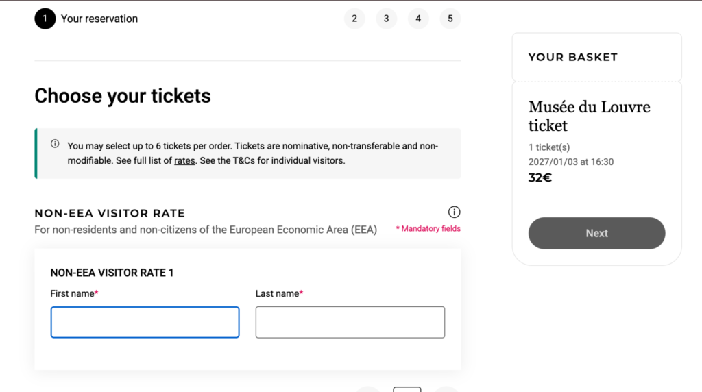 ルーブル美術館公式予約サイトで32ユーロの入場券を選択する画面
