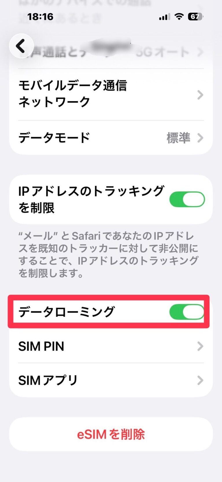 iPhoneの旅行用eSIMで「データローミング」をオンにする画面