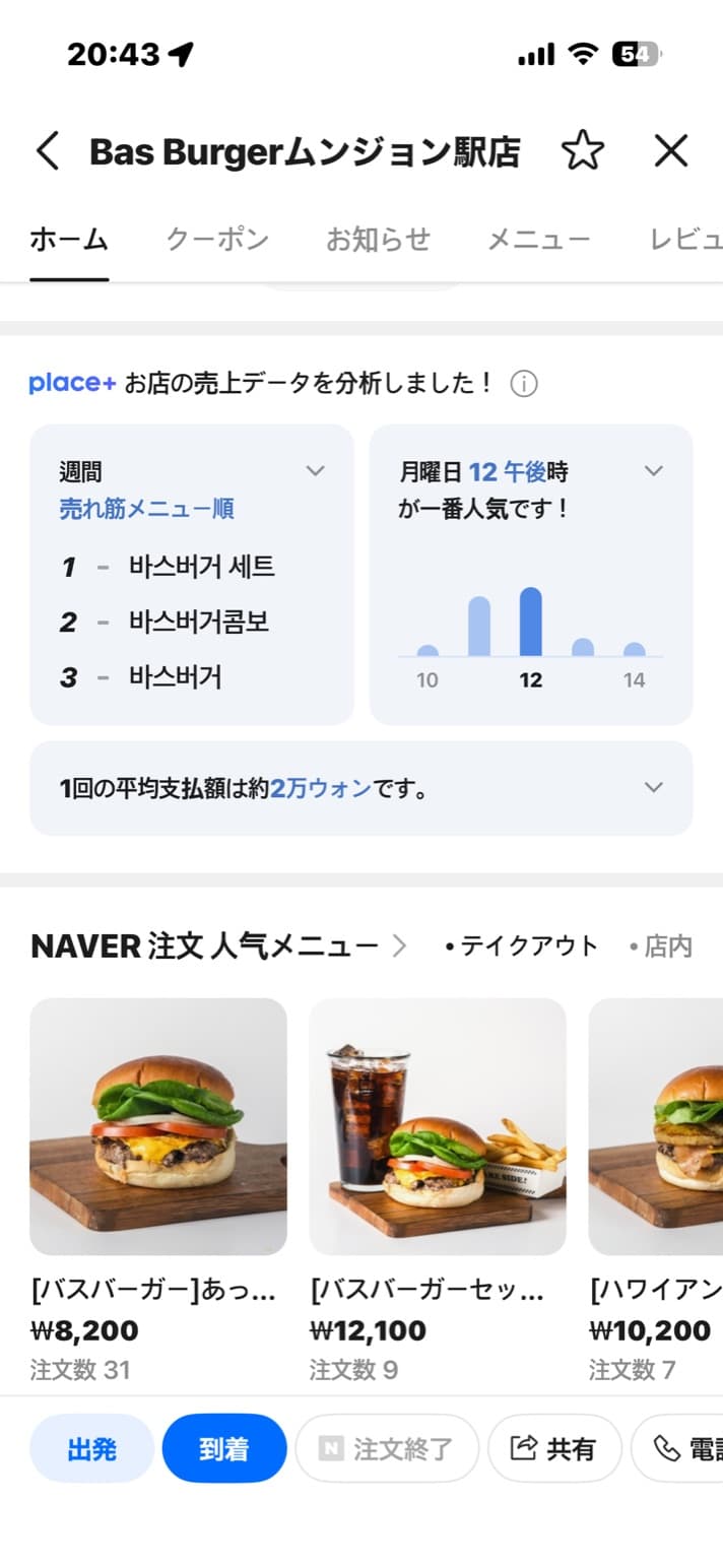 ネイバーマップの店舗ページで、売れ筋メニューはハングル、NAVER注文の人気メニューは日本語で表示される画面