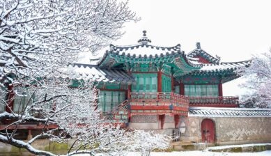 雪が積もった冬のソウルにある韓国の伝統宮殿
