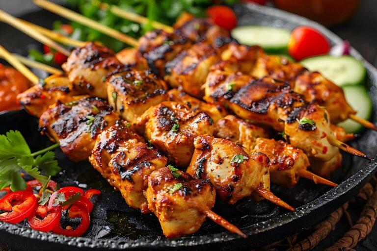 赤唐辛子やハーブとともに黒い器へずらりと並べられた、タイの定番の食べ物である「サテ」。こんがりと焼き目がついた香ばしい串焼きの様子