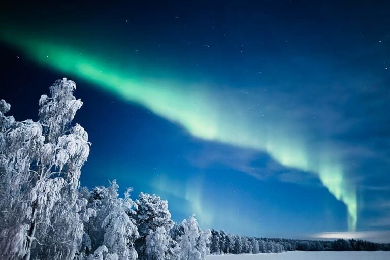 雪に覆われた銀世界の木々と夜空にたなびく緑色のオーロラが美しいフィンランド・ラップランドの冬景色