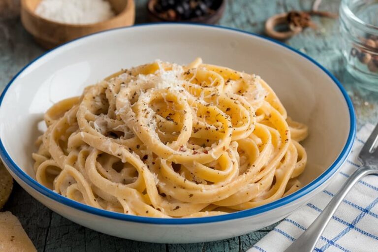 たっぷりの削りたてチーズと粗挽き黒胡椒が太めのパスタによく絡む、青い縁取りの白い皿に盛られたイタリア・ローマ発祥の伝統的なパスタ料理「カチョ・エ・ペペ」