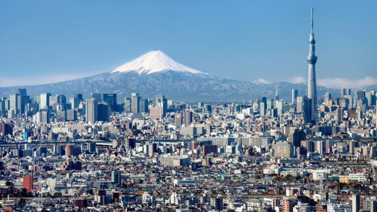 日本东京天际线，远眺富士山与东京晴空塔